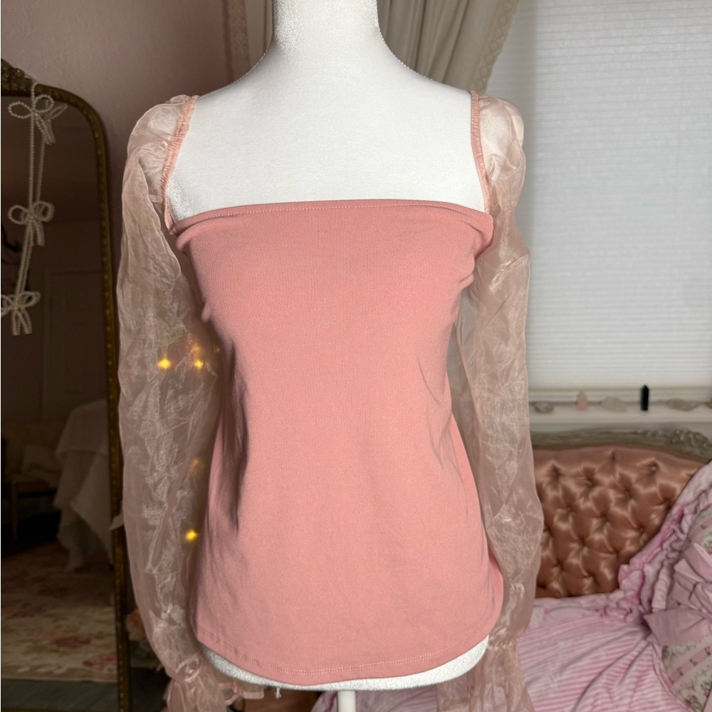 Eloquii Blush Pink Top with Sheer Sleeves